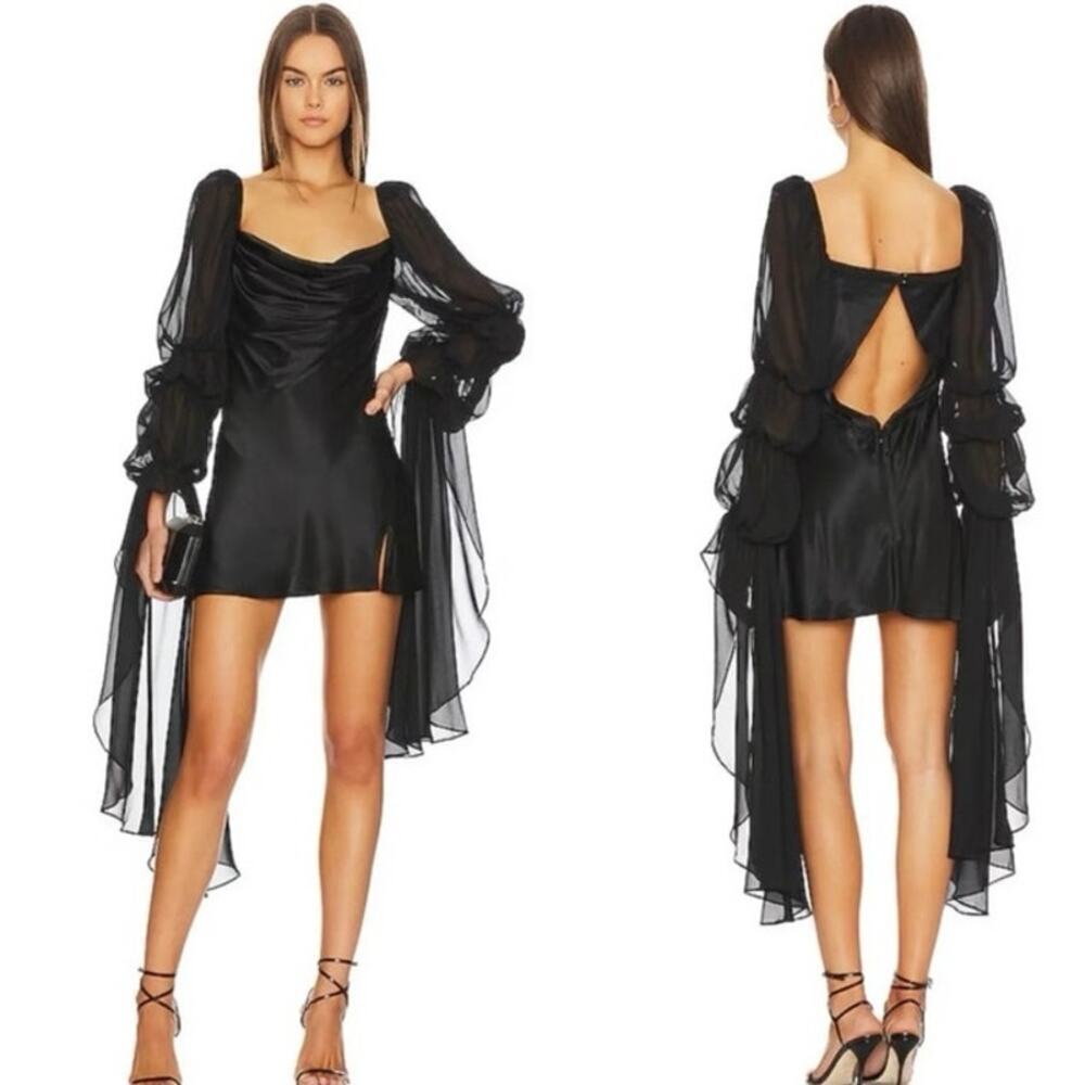 For Love & Lemons Willow Mesh Statement Sleeve Draped Mini Dress Black NWT XS